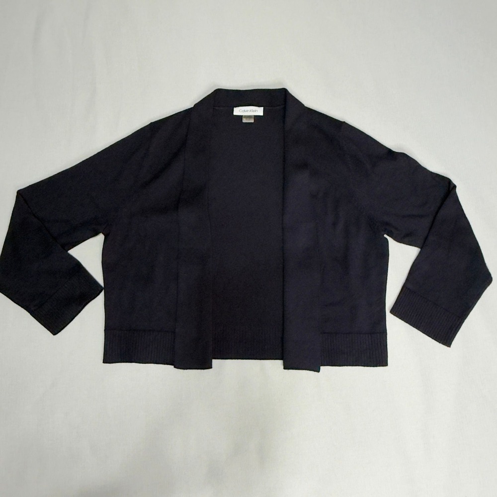 Calvin Klein Navy Open Front Cropped Cardigan Shrug 3/4 Sleeve Knit - Picture 10 of 10